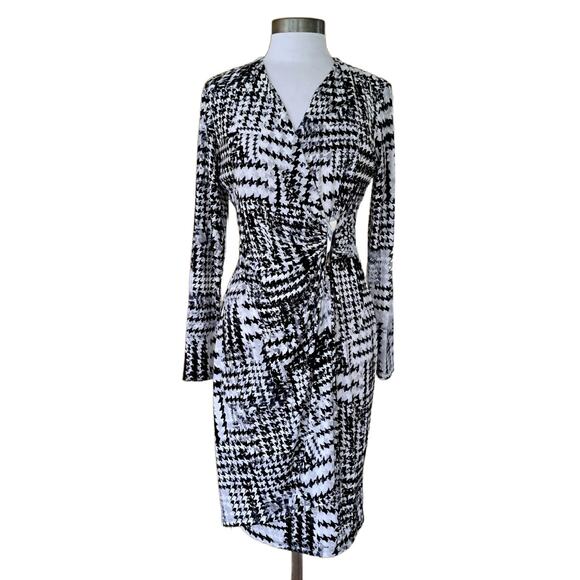 CALVIN KLEIN Long Sleeve Faux Wrap Dress Size Black Gray Houndstoooth - Picture 2 of 12